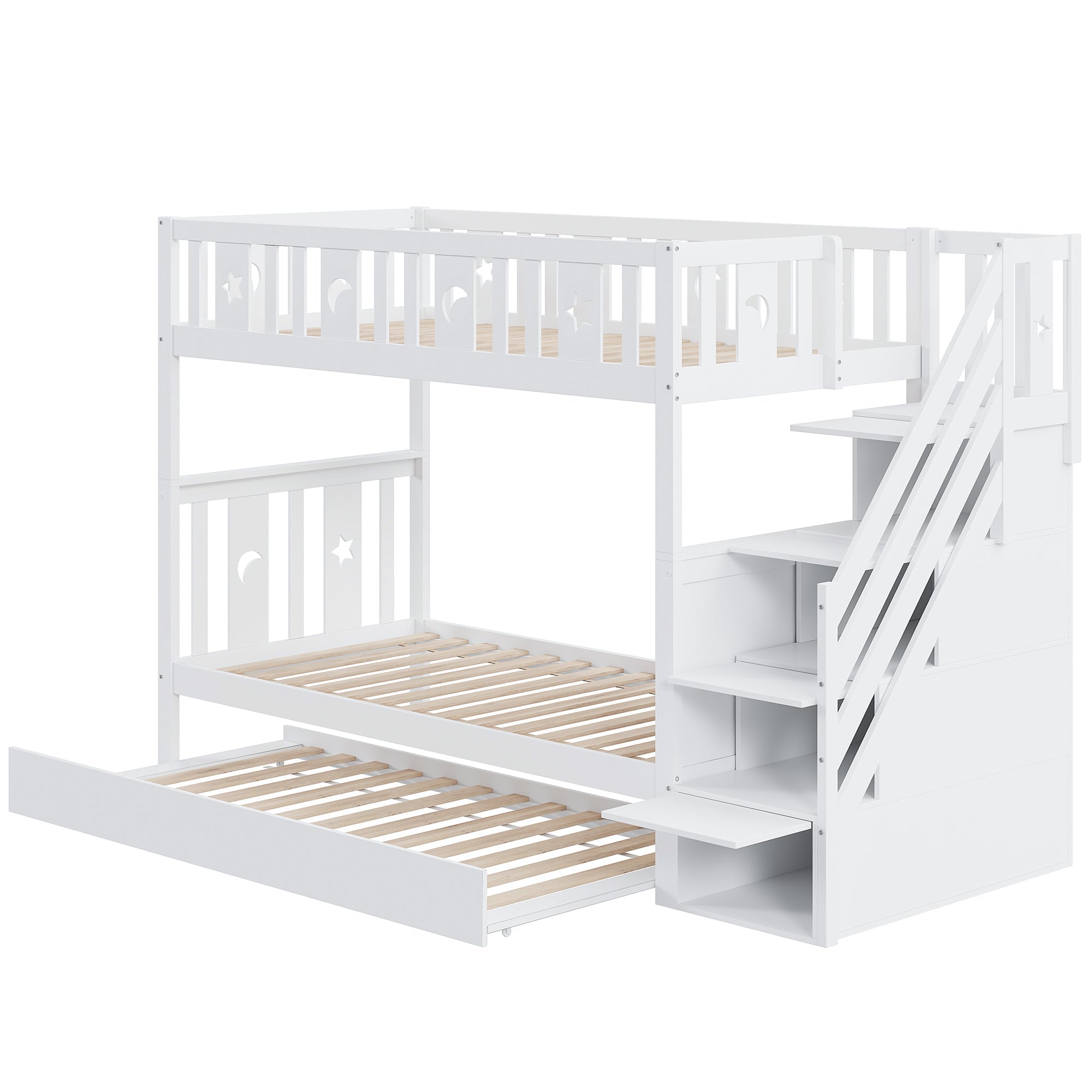 Bunk Bed for Kids with Pull-Out Bed and Storage Stairs, White