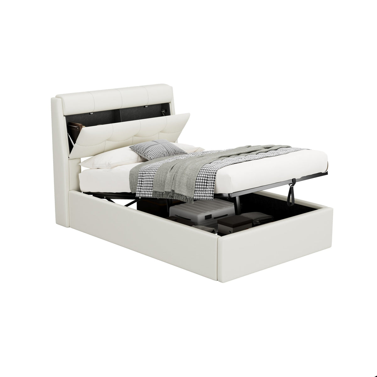 Upholstered Bed 90x200 Hydraulic Bed Box & Headboard Storage PU White