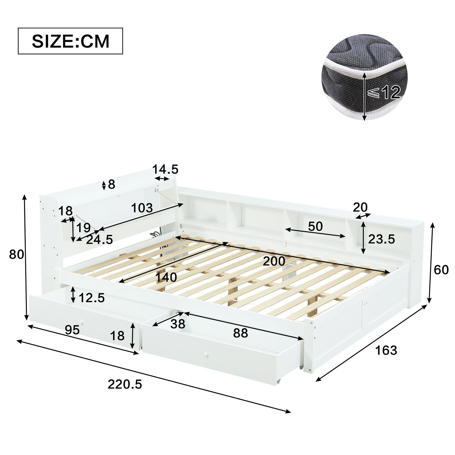 Double Bed Panel Headboard Storage Lights USB Cabinets Drawers Pine+Chipboard+MDF, White, 140x200cm