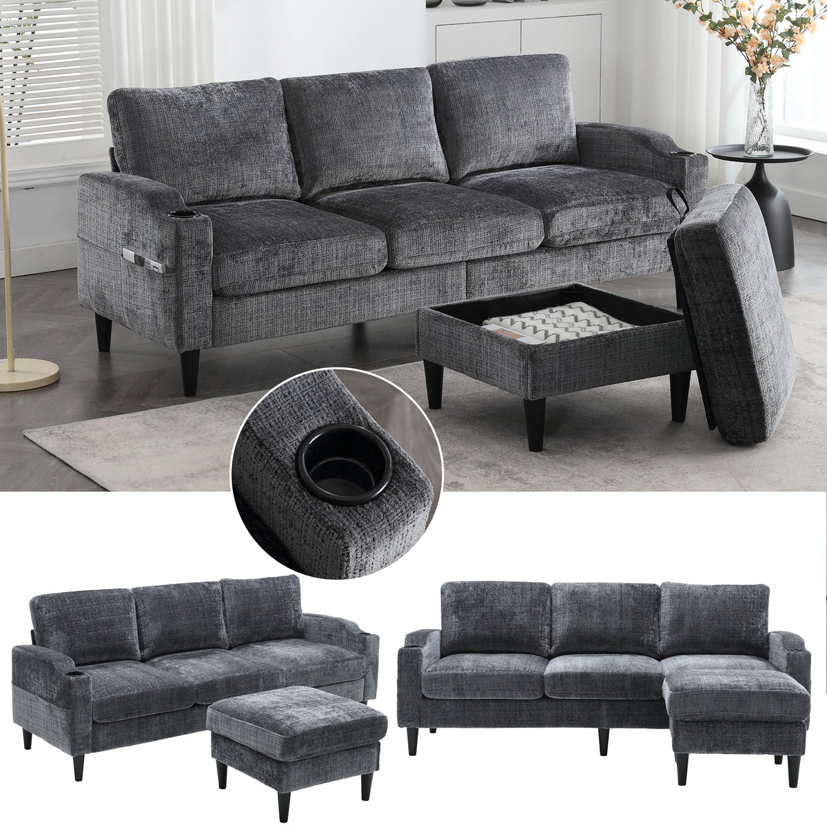 Sofa, 4-Seater with Footstool & Storage, Velvet