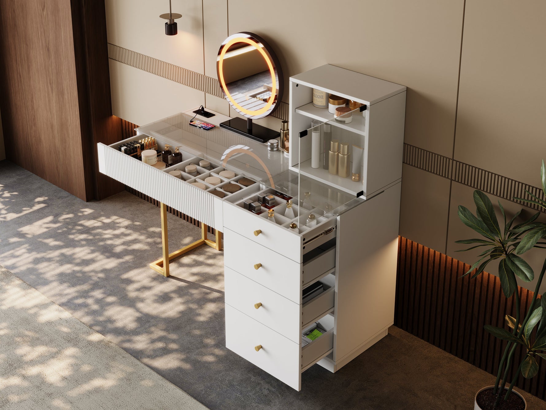Dressing Table Set with LED Mirror and Glass Top, White