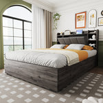 Wooden Bed, 140x200cm Hydraulic with Storage Headboard, USB & Type-C Socket, Grey