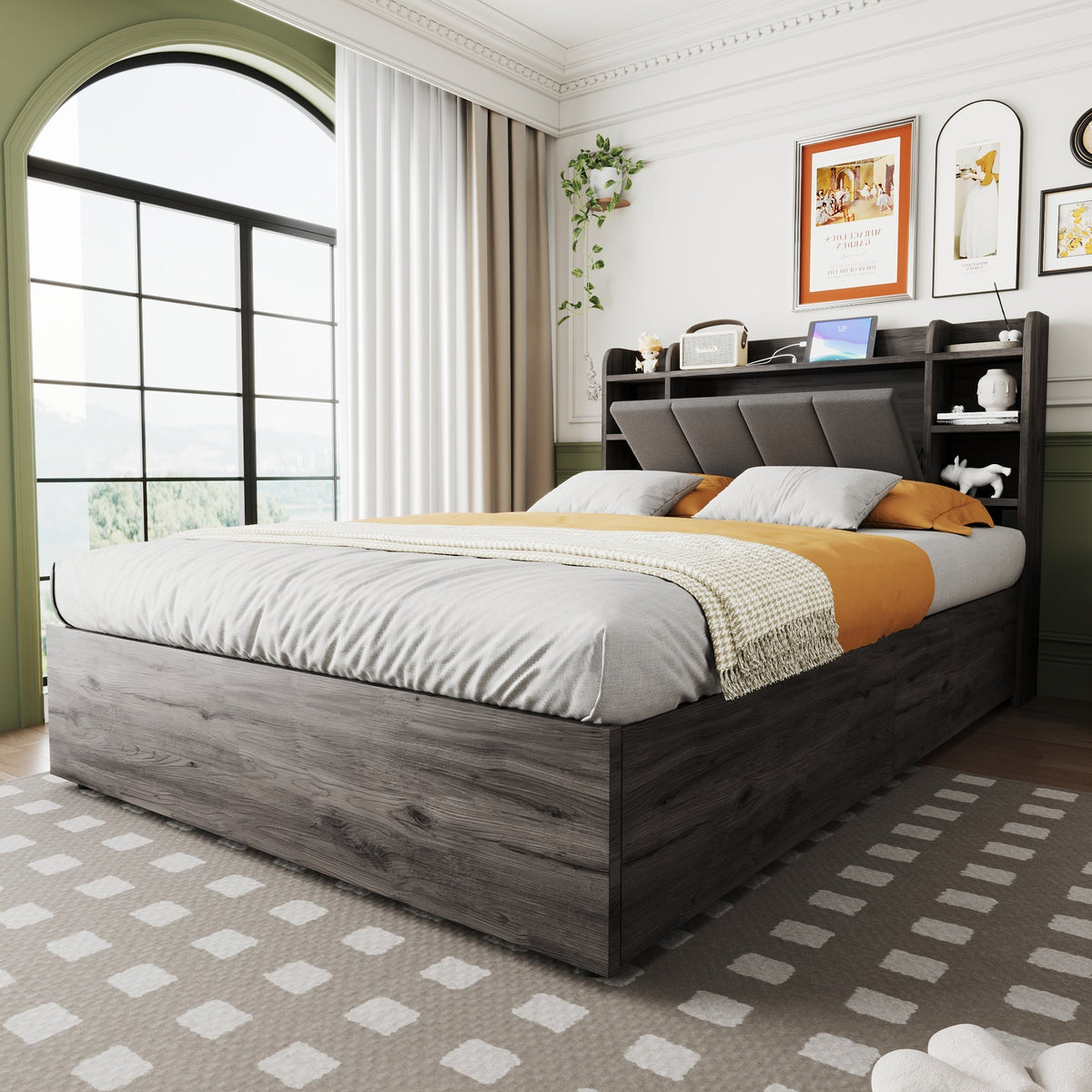 Wooden Bed, 140x200cm Hydraulic with Storage Headboard, USB & Type-C Socket, Grey
