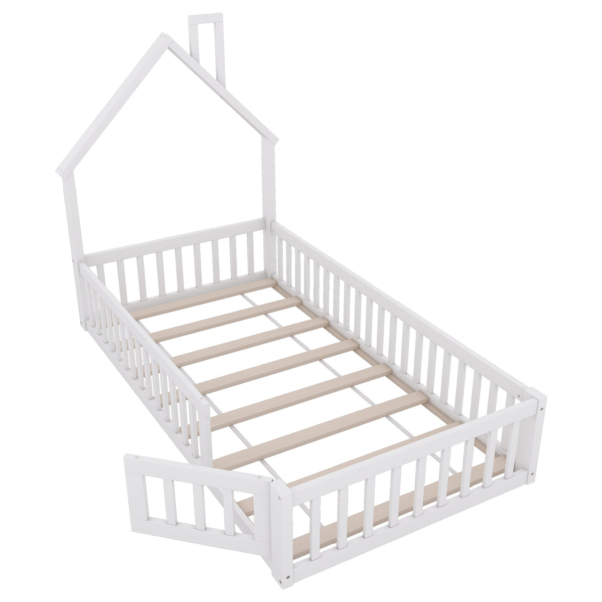 House Bed 90x200cm Chimney Slatted Base - White Pine Wood