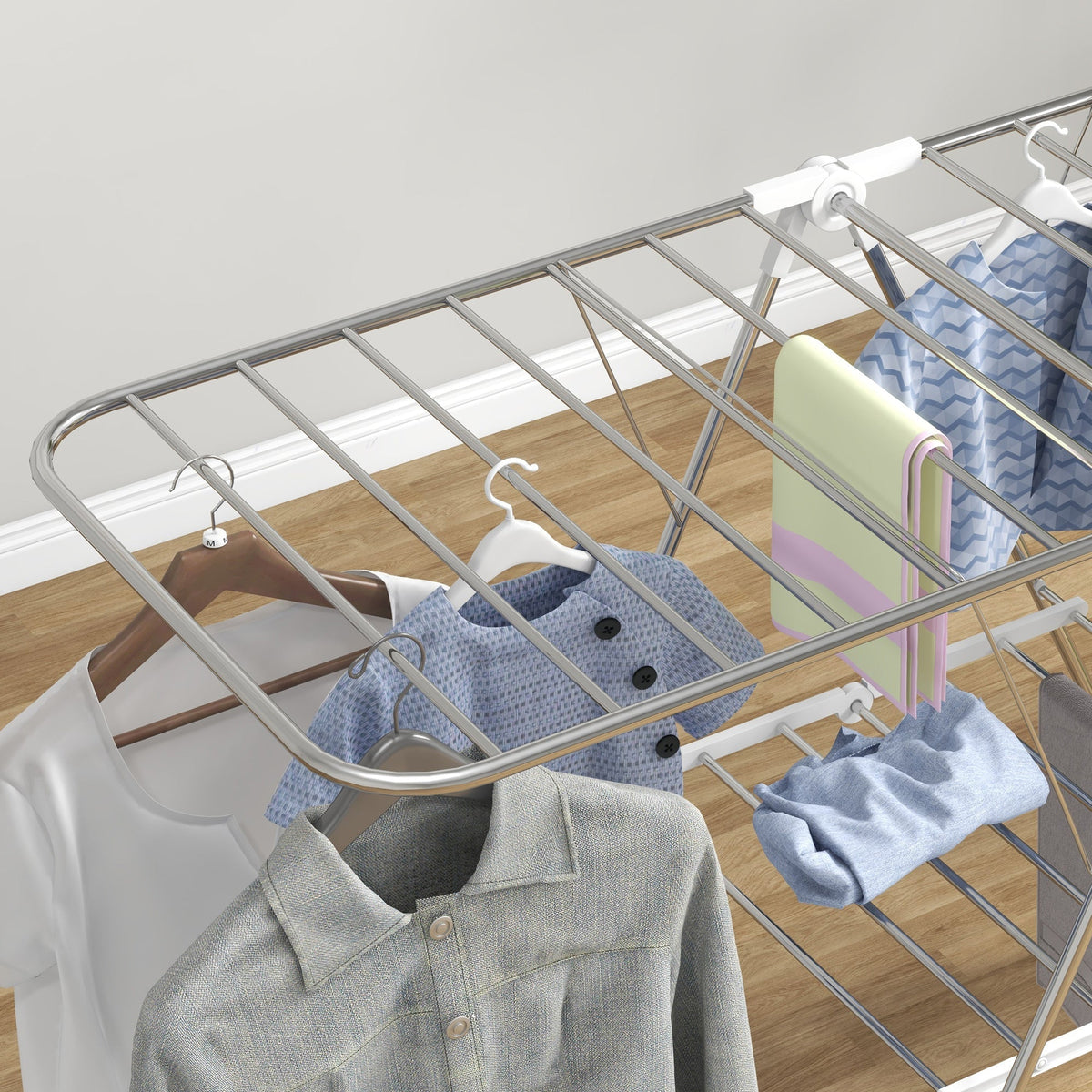 Clothes Airer, Foldable Portable with Telescopic Poles, Stainless Steel and Plastic, Silver and White