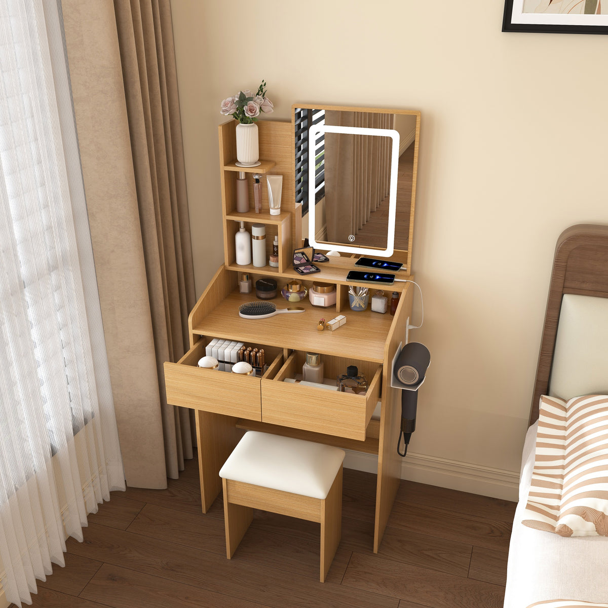 Dressing Table Set with LED Mirror & Power Outlet, Wood