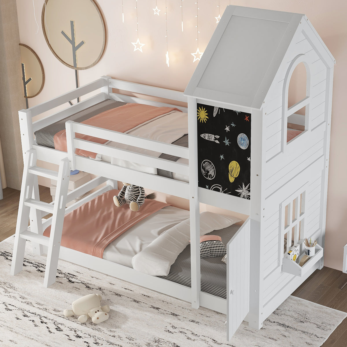 Children's Bunk Bed with Windows & Chalkboard, White Pine