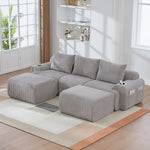 Modular Corduroy Sofa 3-Seater 2 Ottomans Cup Holders Storage Light Grey