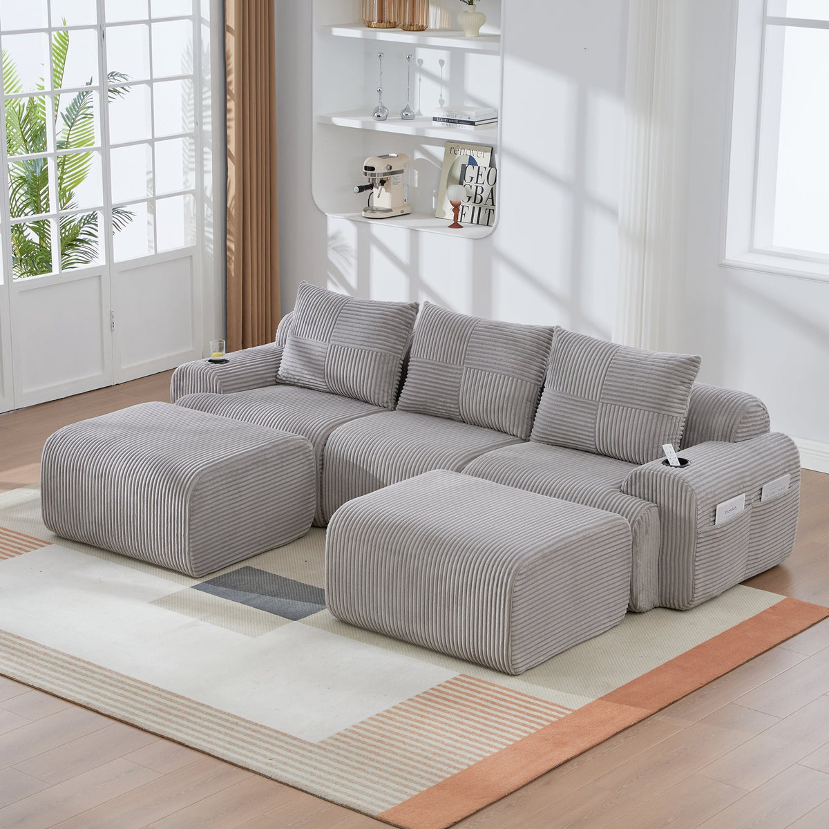 Modular Corduroy Sofa 3-Seater 2 Ottomans Cup Holders Storage Light Grey