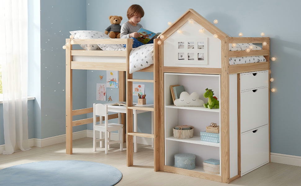 Loft Bed with Storage Compartments, Drawers, Steps and Safety Railing, 90x200cm, White and Natural Pine + MDF + Plywood