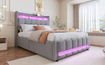 Upholstered Bed 140x200cm, LED & USB, Hydraulic Storage, Light Grey Linen
