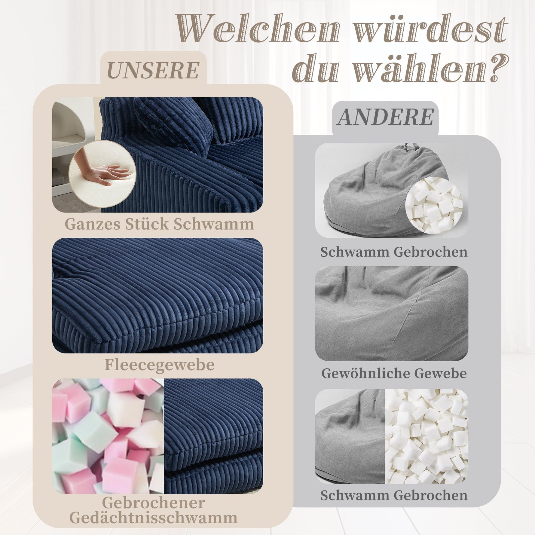 Sofa Bed, Cloud Couch with 3 Soft Pillows, Single Seat, Corduroy Navy Blue
