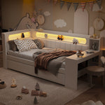 Daybed Upholstered 90x200cm Pull-out Bed Desk LED USB - White