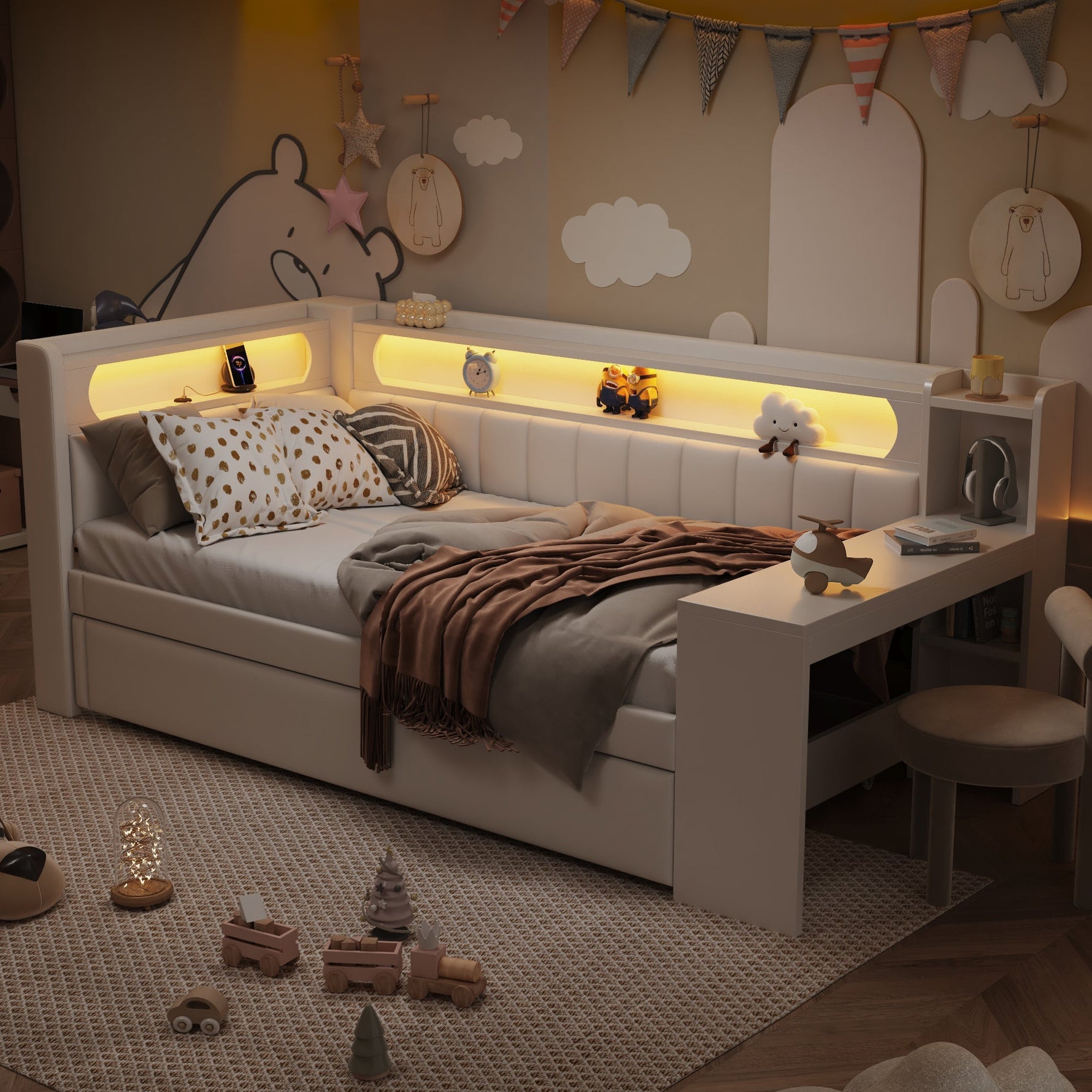 Daybed Upholstered 90x200cm Pull-out Bed Desk LED USB - White