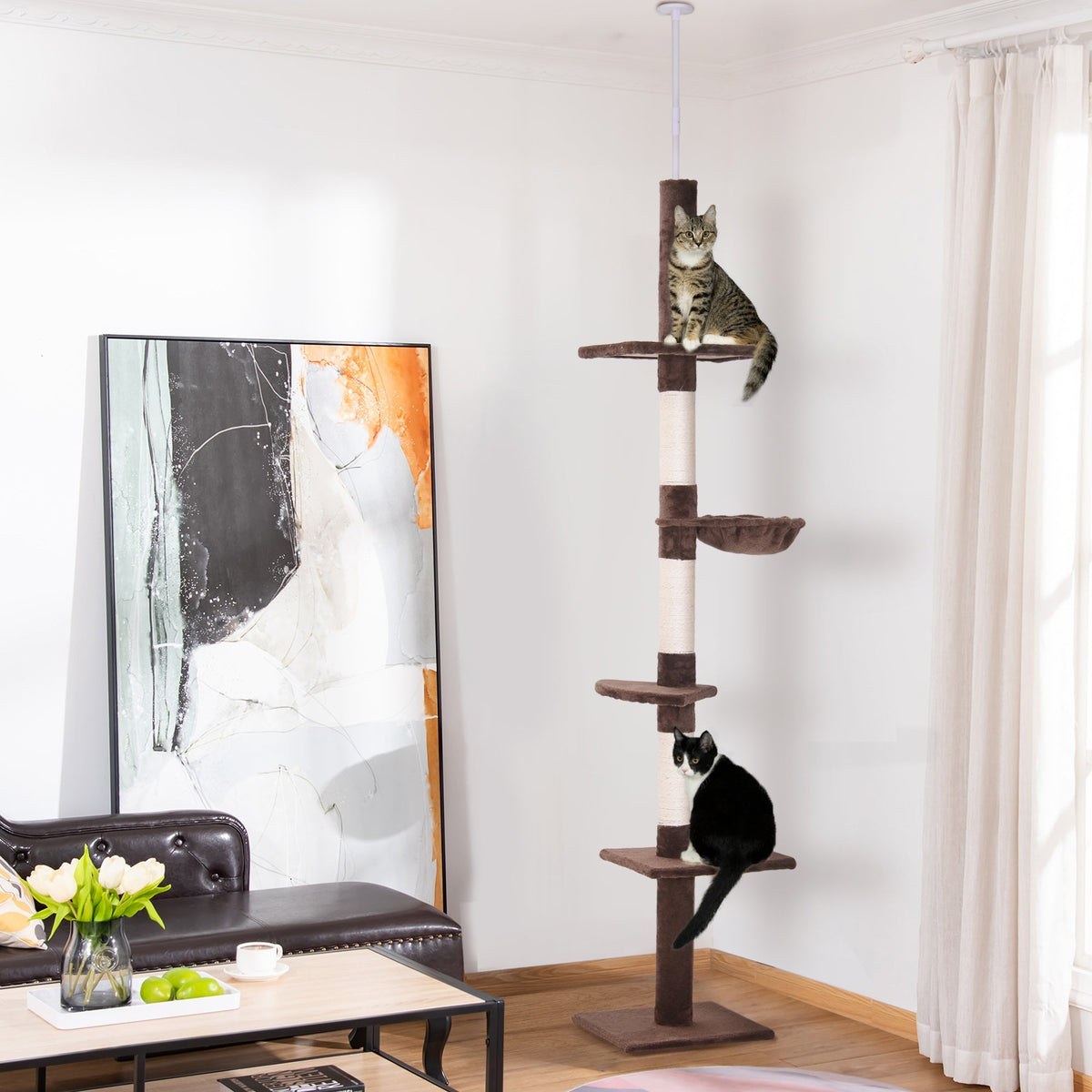 PawHut Cat Tree, Ceiling Height Adjustable, Sturdy with Sisal Posts, Brown