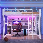 Loft Bed 140x200cm with Desk & Shelves, Light Strip, White Iron