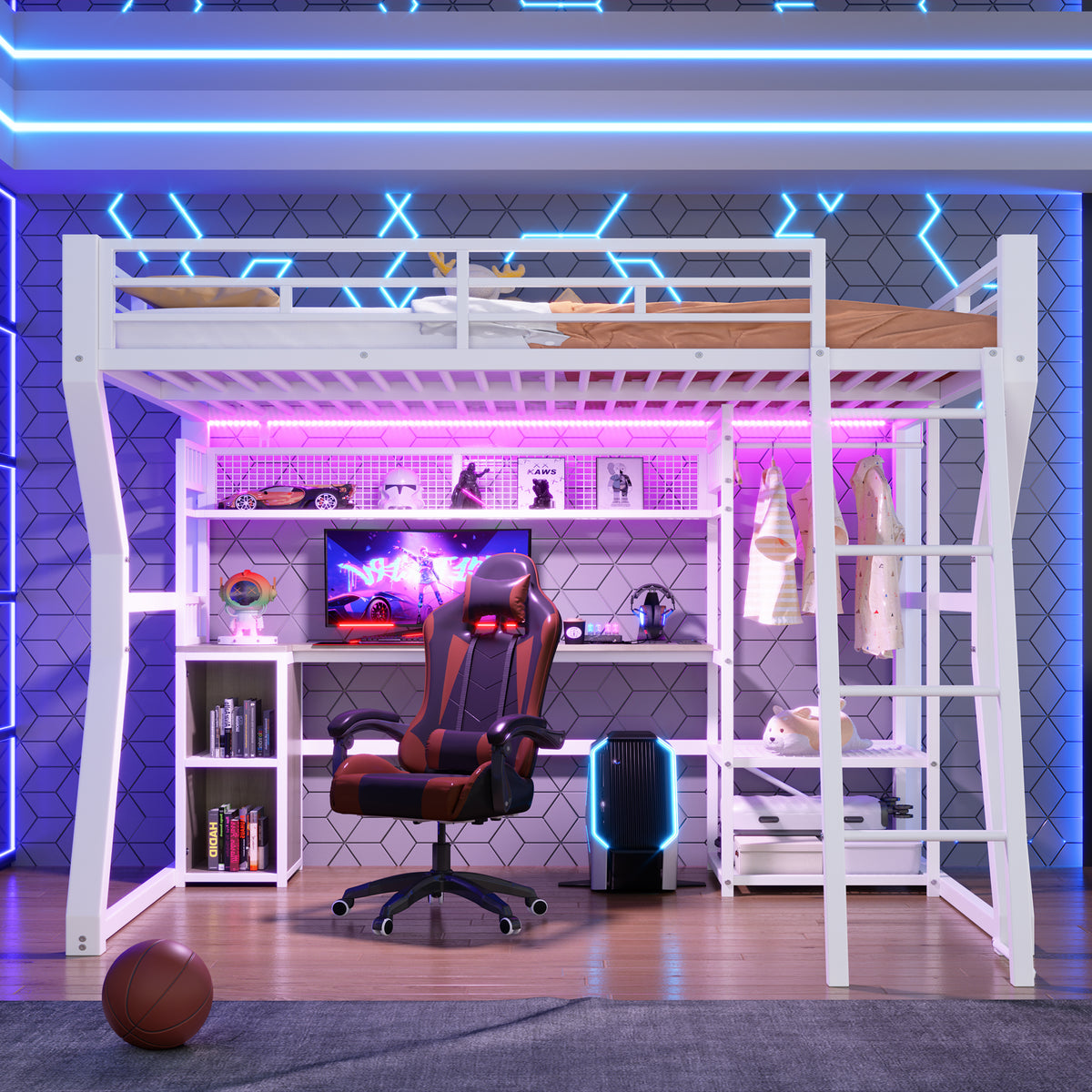Loft Bed 140x200cm with Desk & Shelves, Light Strip, White Iron