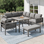 Garden Furniture Set Rope Corner Sofa Adjustable Legs Tempered Glass - Grey