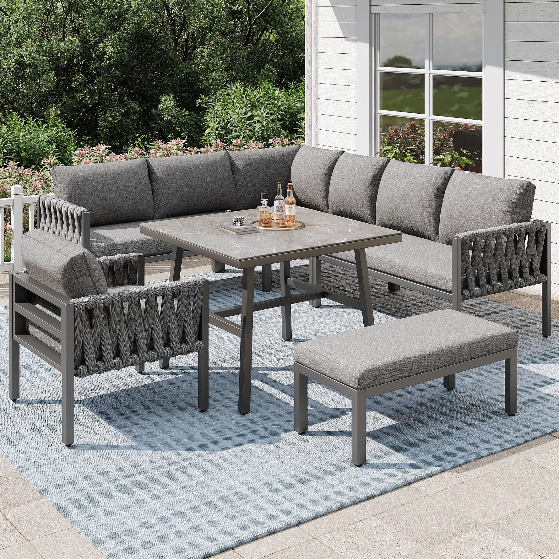 Garden Furniture Set Rope Corner Sofa Adjustable Legs Tempered Glass - Grey