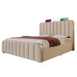Upholstered Bed, Double Headboard with USB-C Charging, Hydraulic Storage, Beige Linen