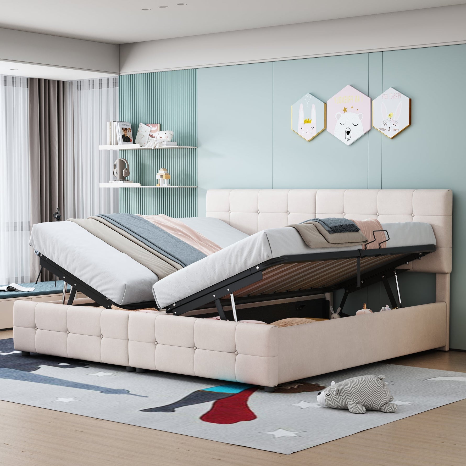 Upholstered Bed 180x200cm, Hydraulic Storage High Box Multifunctional, Beige Velvet