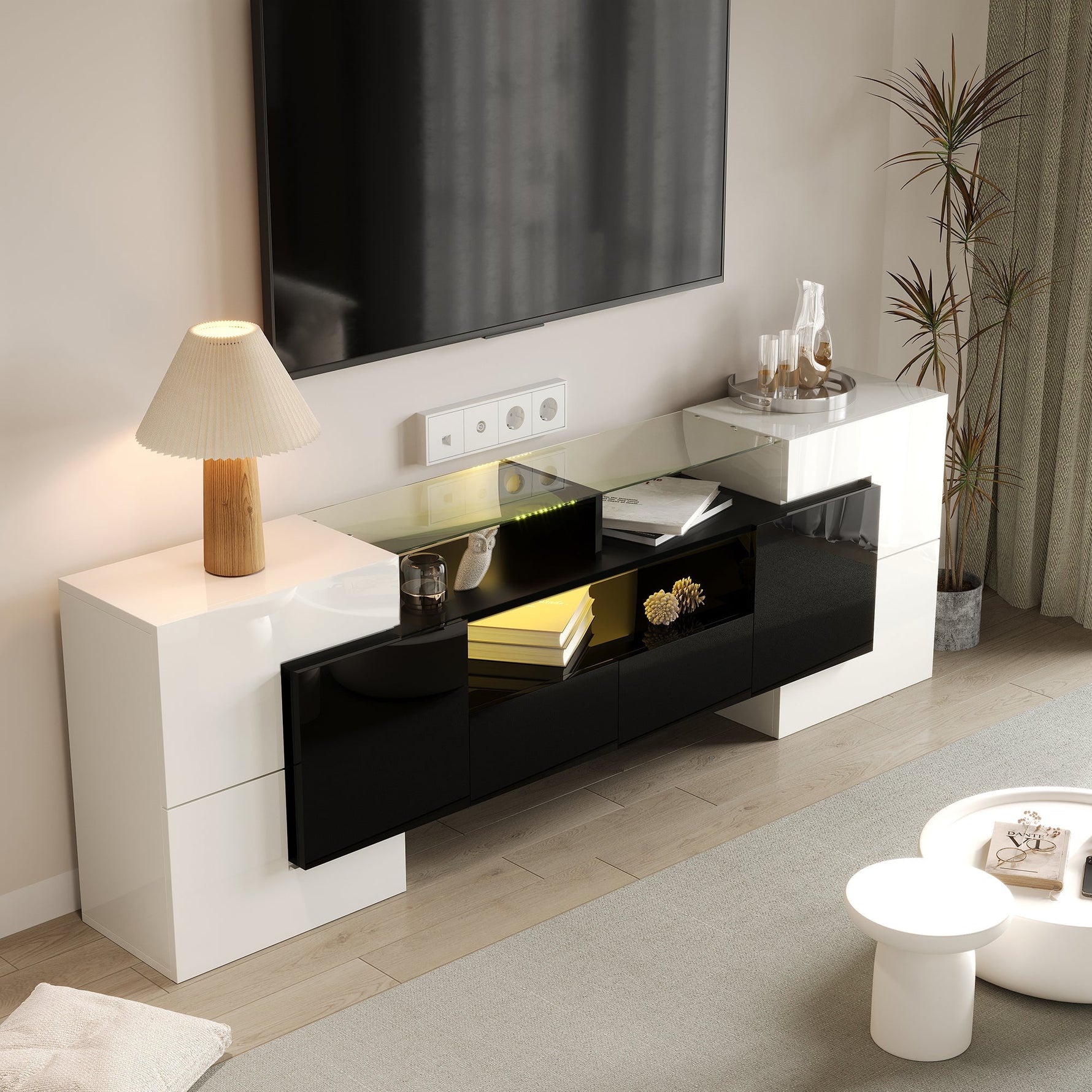 TV Cabinet Low Panel 200 cm LED Lighting High-Gloss White/Black with Glass Surface