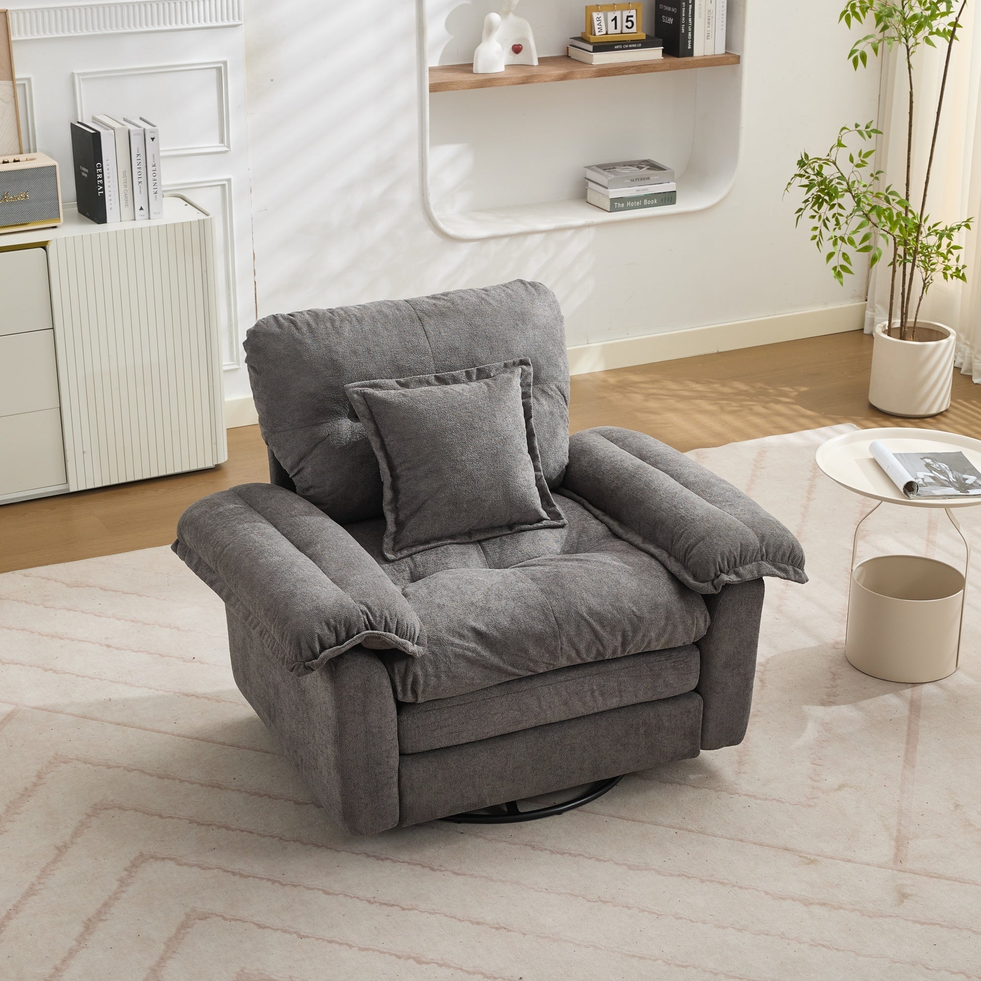 360° Swivel Armchair with Support Cushion and Oversized Seat, Chenille