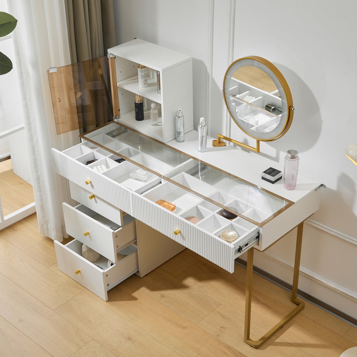 Dressing table set with LED-illuminated mirror, transparent tempered glass tabletop, side cabinet, white