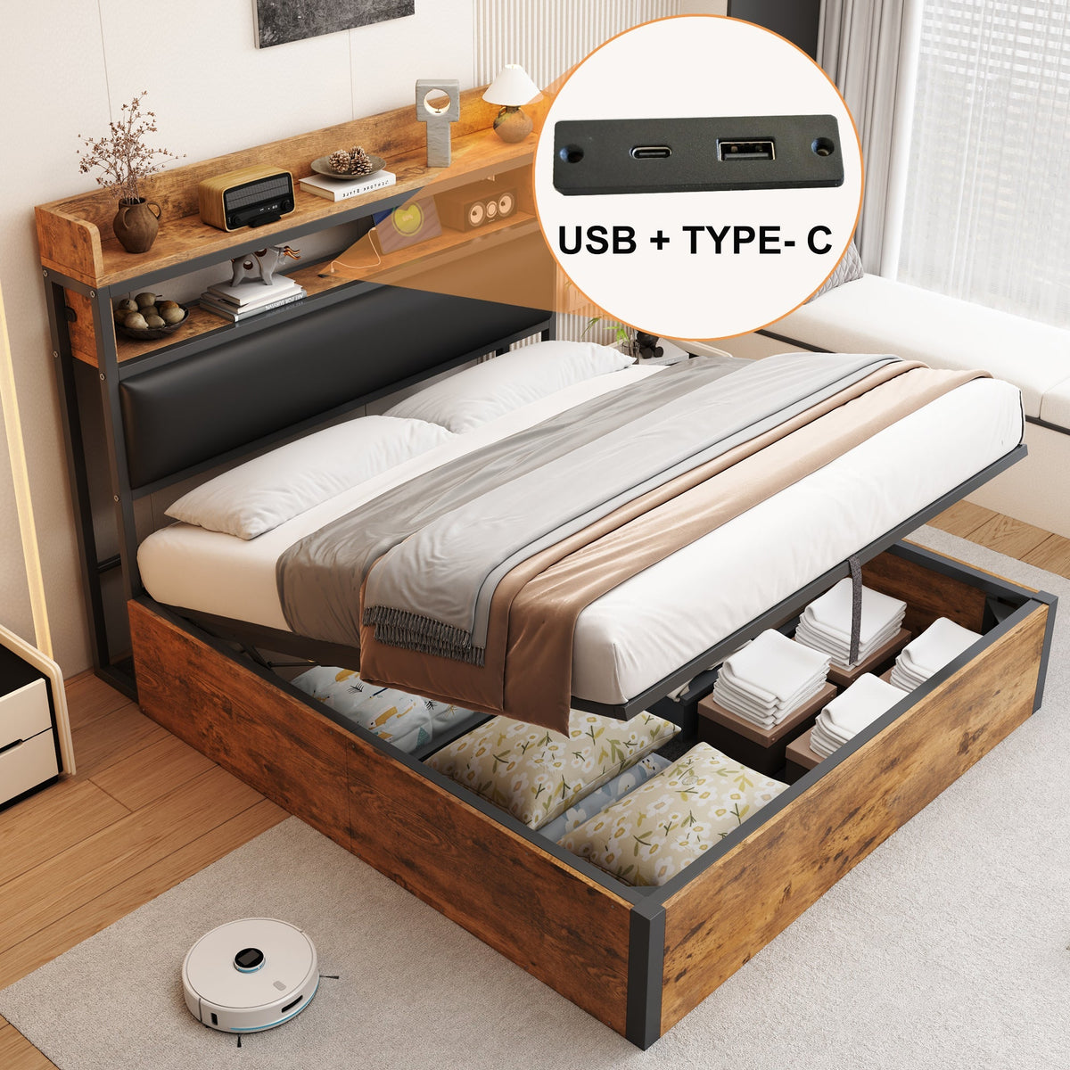 Bed Frame, 140x200, Hydraulic Lift, USB, Upholstered Headboard, Hidden Storage, Wood and Metal, Black