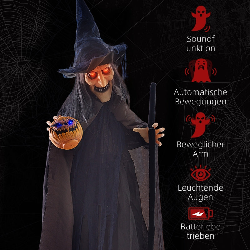 Halloween Witch Decoration, Broom, Glowing Eyes, Spooky Sounds, Flexible Arms