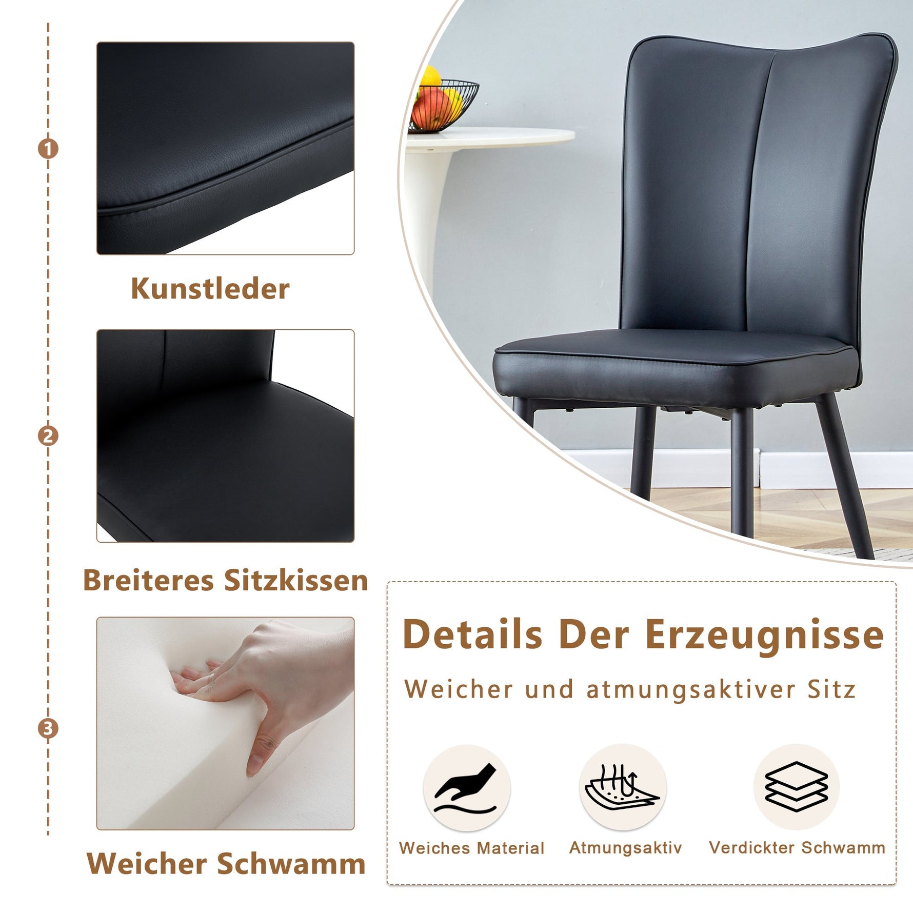 Dining Chair Modern Minimalist PU Leather Back Metal Legs - Black