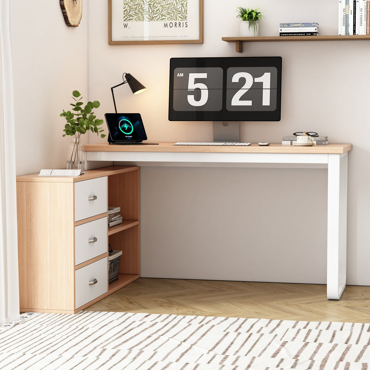 Simple Office Desk with 3 Drawers, 2 Open Shelves, Steel Frame - Natural