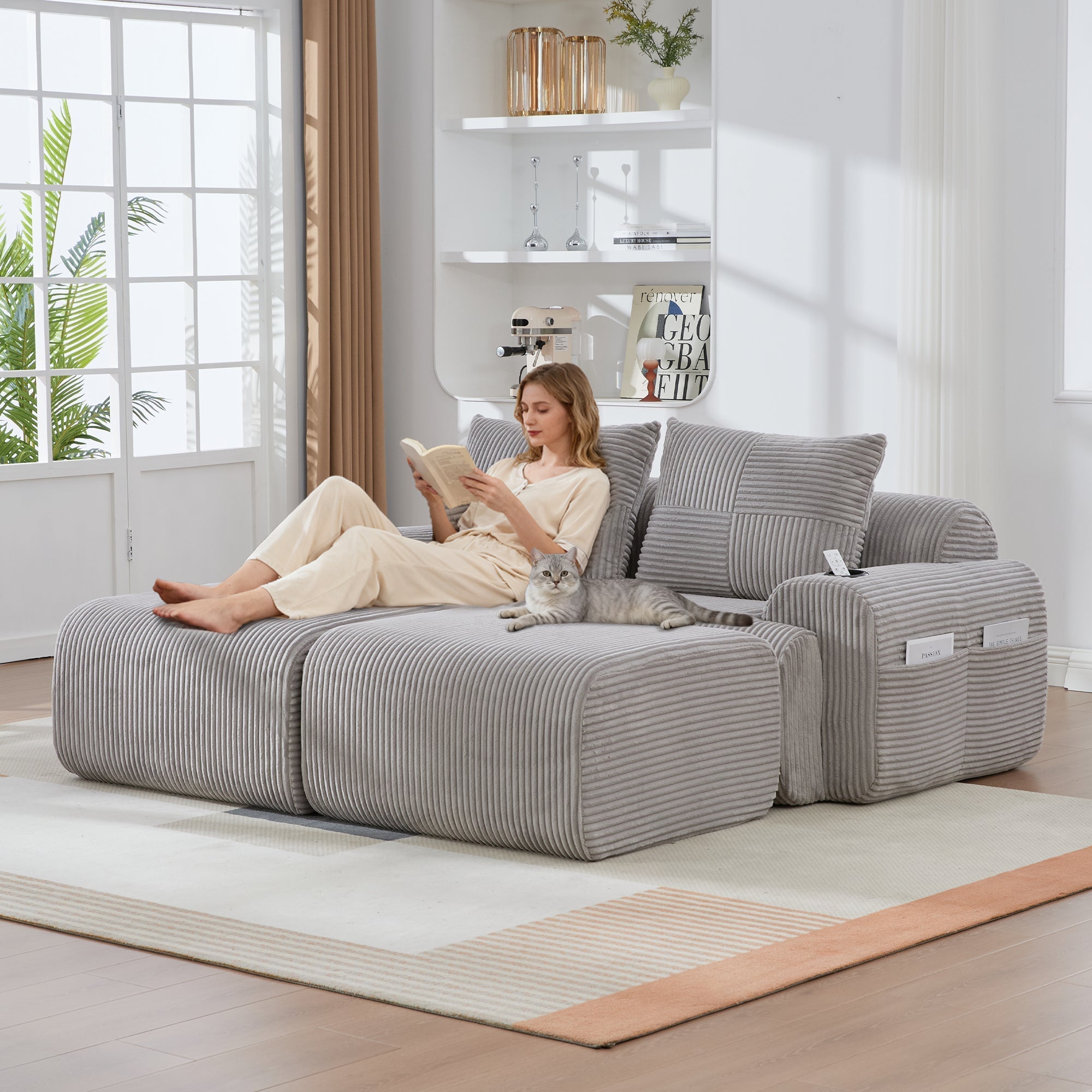 Upholstered Bed 180x200cm Double Hydraulic Storage Cup Holder Charging Station Linen Grey