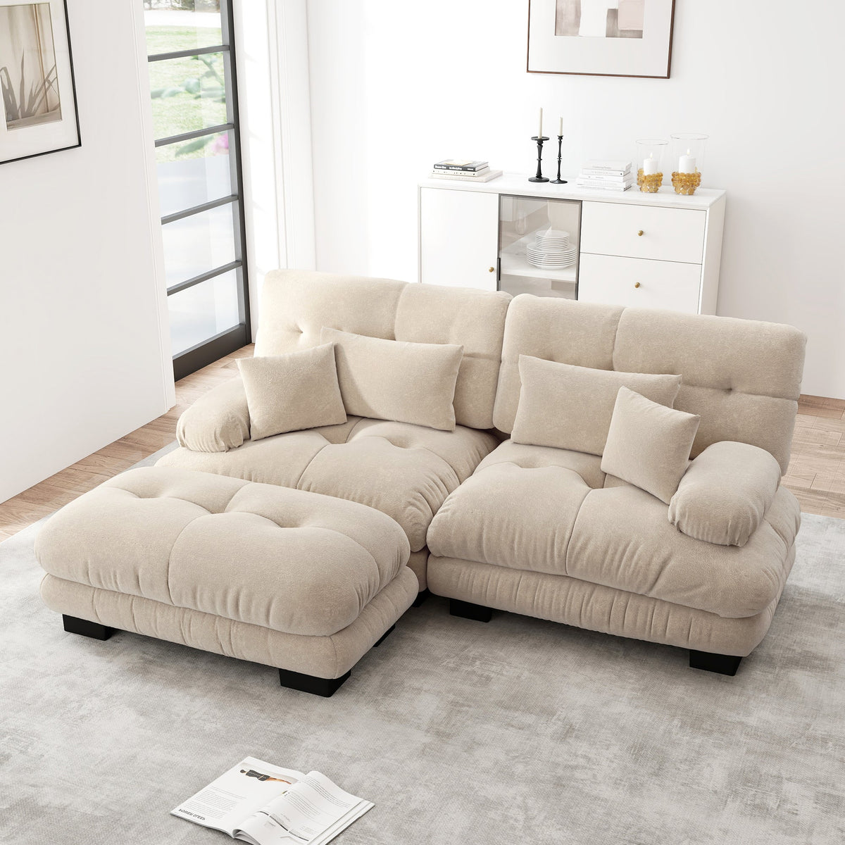 Cloud Corner Sofa, Double with Lumbar & Decorative Pillows, Ottoman, Chenille Light Brown