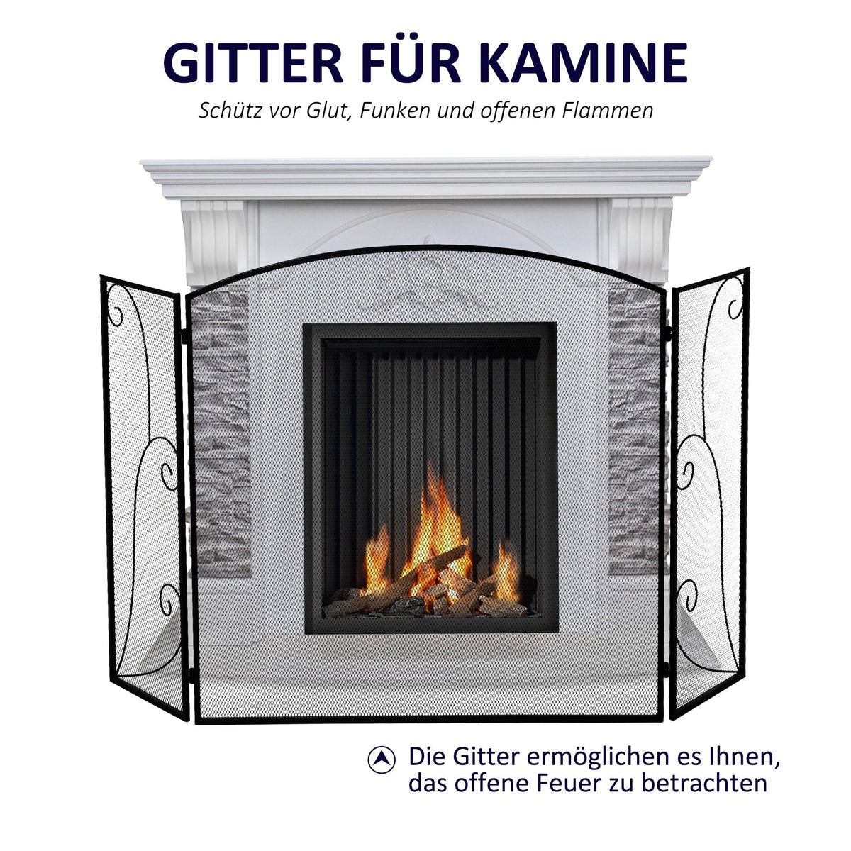 Fireplace Grate, 3-Panel Foldable Spark Guard, Metal Black
