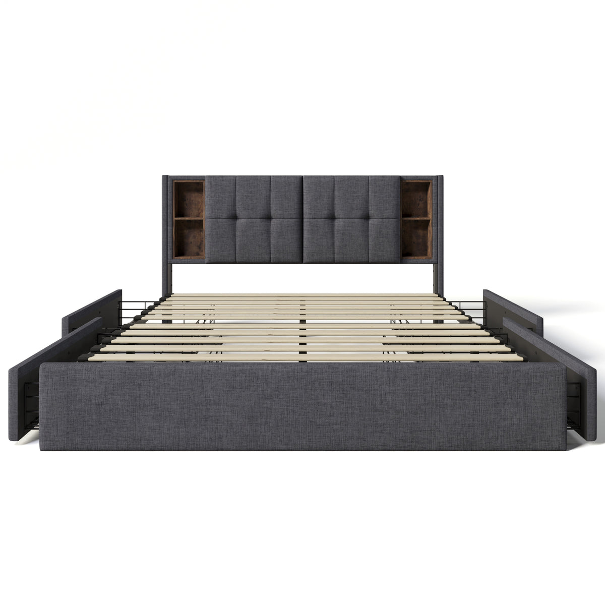Upholstered Double Bed 160x200cm with 4 Drawers - Grey Linen