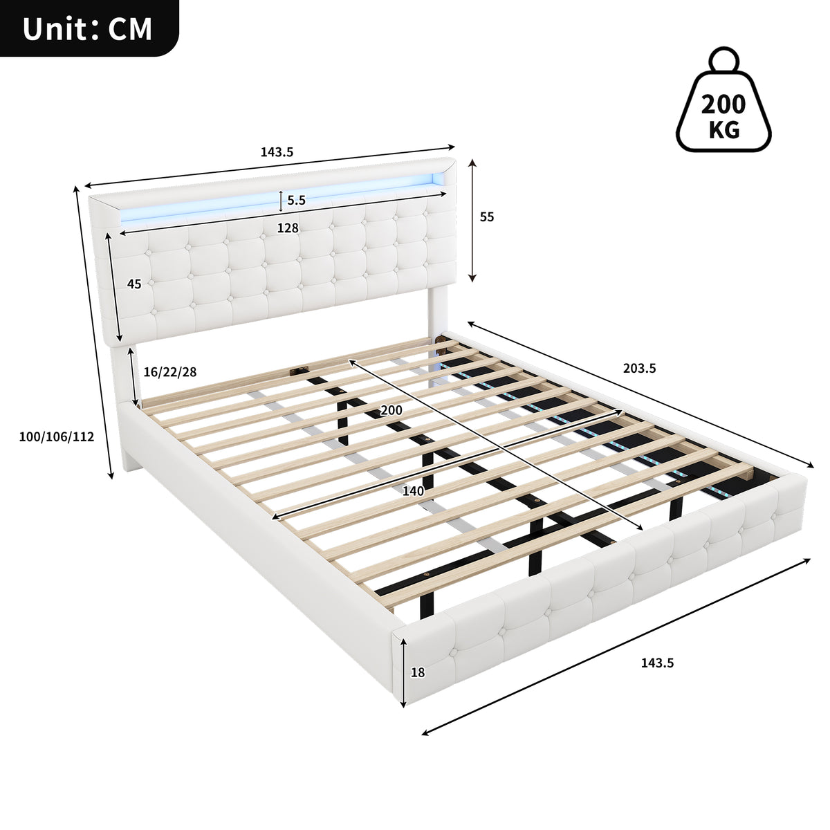Flatbed Bed 140x200cm with LED & Adjustable Headboard, White PU