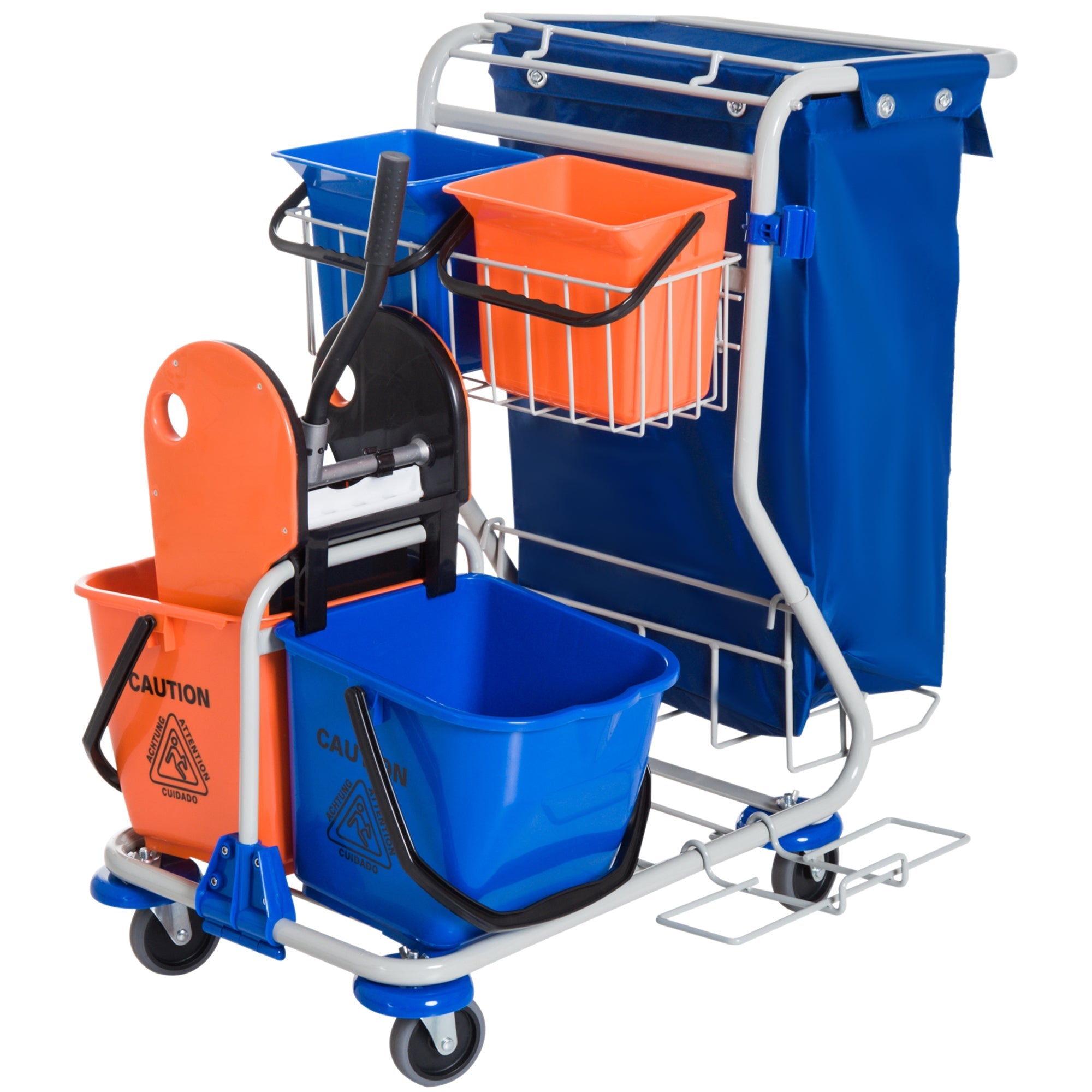 Cleaning Trolley 4 Buckets Mop System Wheels, Blue/Orange