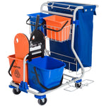 Cleaning Trolley 4 Buckets Mop System Wheels, Blue/Orange
