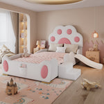 Upholstered Bed, Children's Cat Paw Headboard with Slide & Ladder, PU White + Pink
