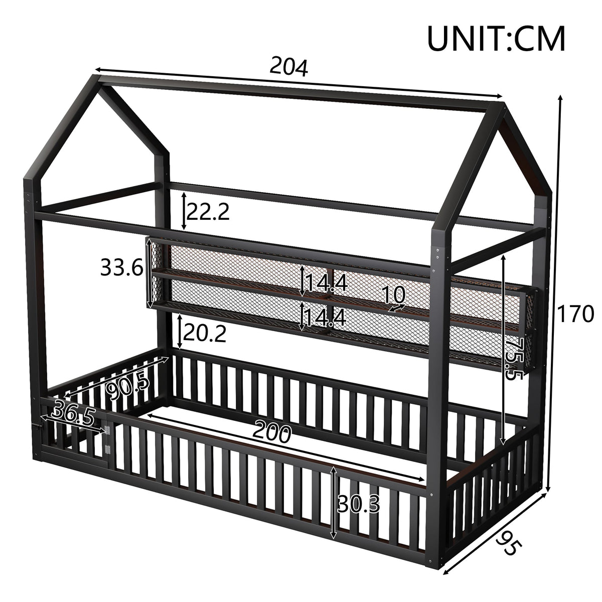 House-shaped Platform Bed 90x200 with Fence LED Lighting Black