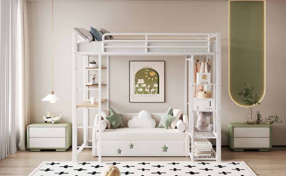Loft Bed, Ladder & Table, Storage, White