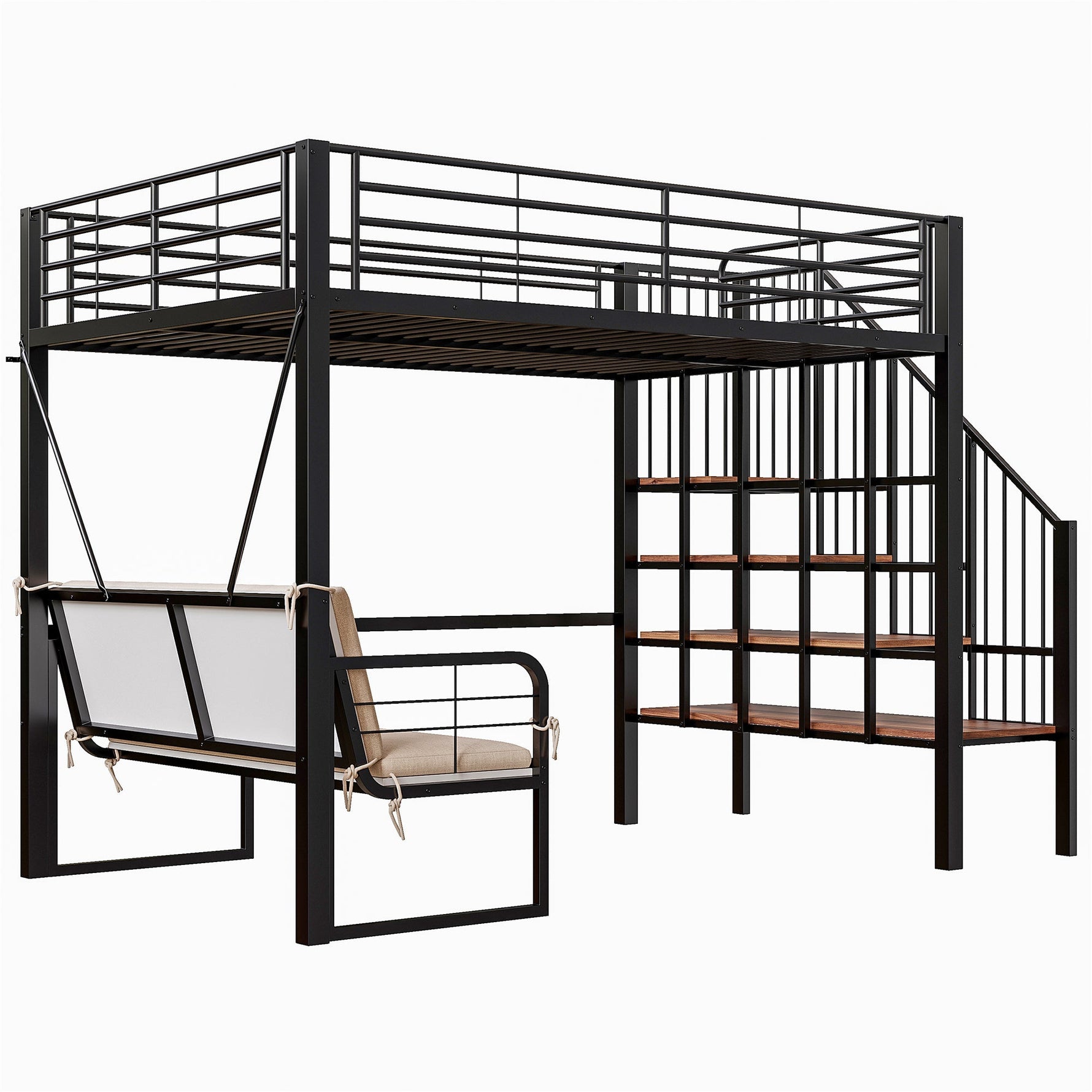 Bunk Bed with Removable Sofa and Storage Stairs, 140x200cm, Black Metal