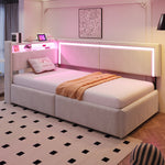 Upholstered Sofa Bed 90x200 cm with LED Lighting, USB Ports and Hydraulic Storage, Beige Velvet