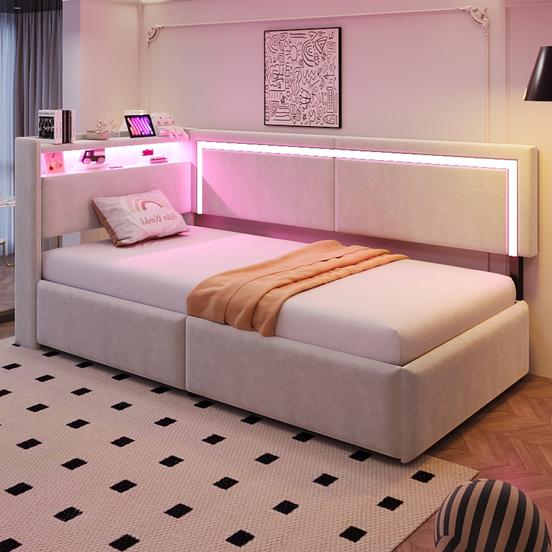 Upholstered Sofa Bed 90x200 cm with LED Lighting, USB Ports and Hydraulic Storage, Beige Velvet