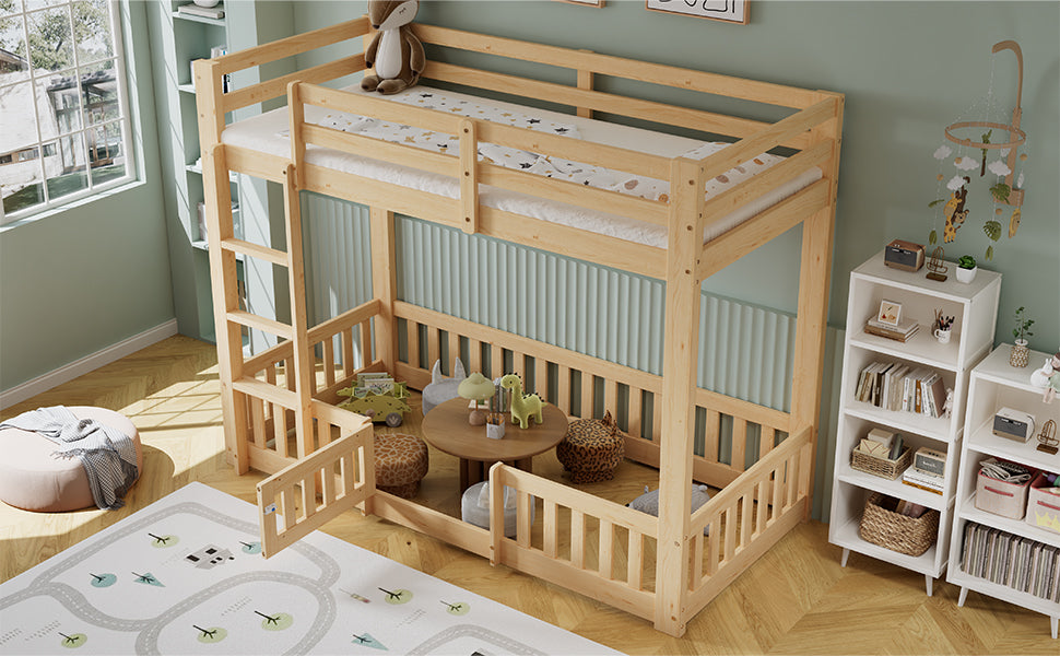 Wooden Bunk Bed 90x200cm with Stairs & Railing, Natural Pine Wood