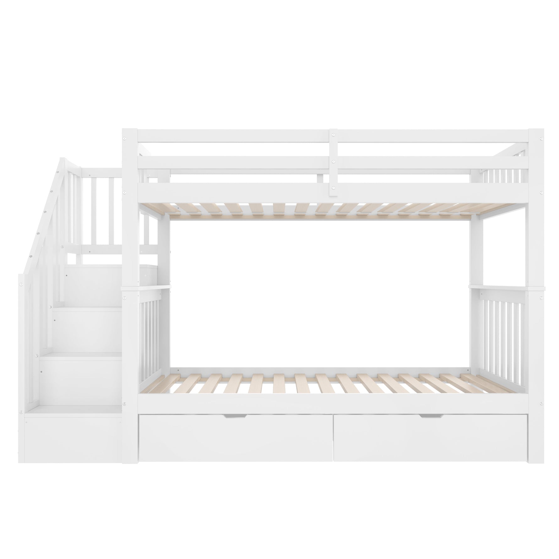 Bunk Bed with Stair Shelf and Two Storage Drawers, 90x200cm, White Pine Wood and MDF