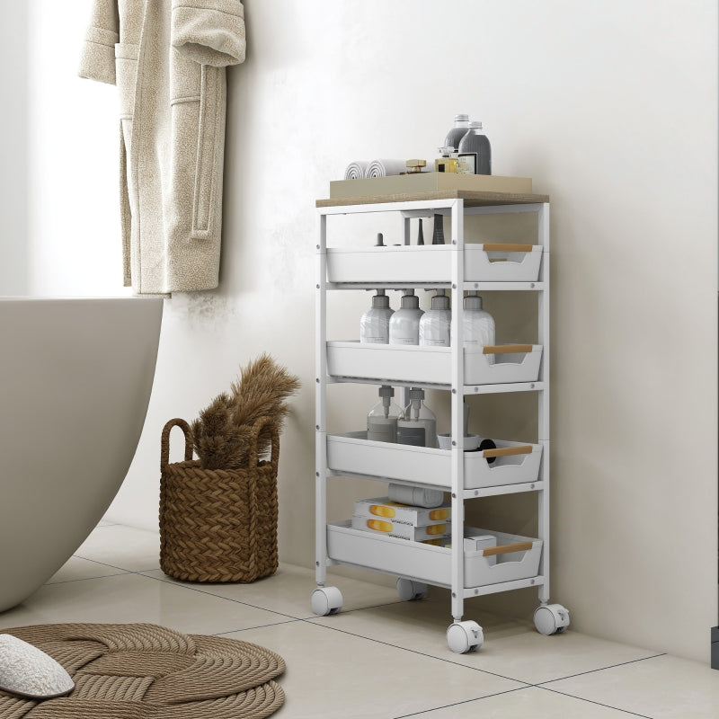 Kitchen Cart 5-Tier Rolling, 4 Drawers, White Wood Effect