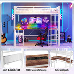 Loft Bed with Desk and LED Lights, USB Ports and Pegboard, White Iron Frame