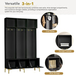 Wardrobe Set with Bench, Multifunctional Storage, Open Storage, 6 Golden Hooks, Black